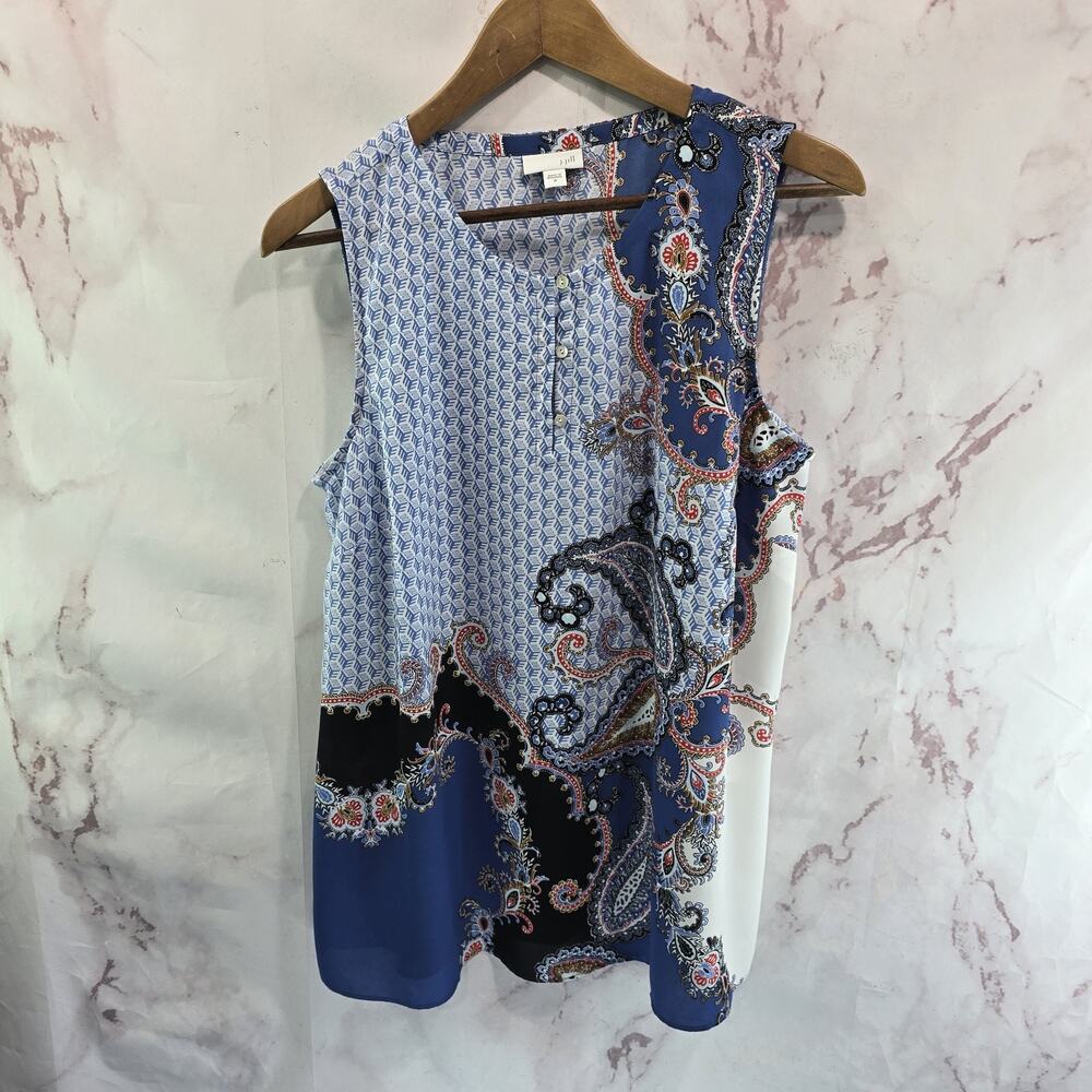J Jill Tank Top Womens Medium Blue White Paisley Popover Button Blouse